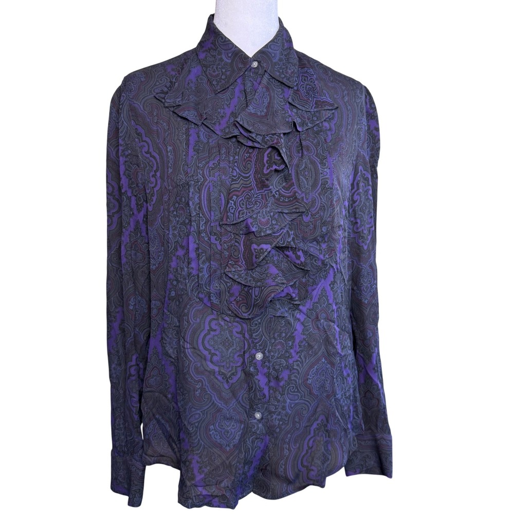 Lauren Ralph Lauren Silk Y2K Ruffle Georgette Blouse Purple Size Small Career